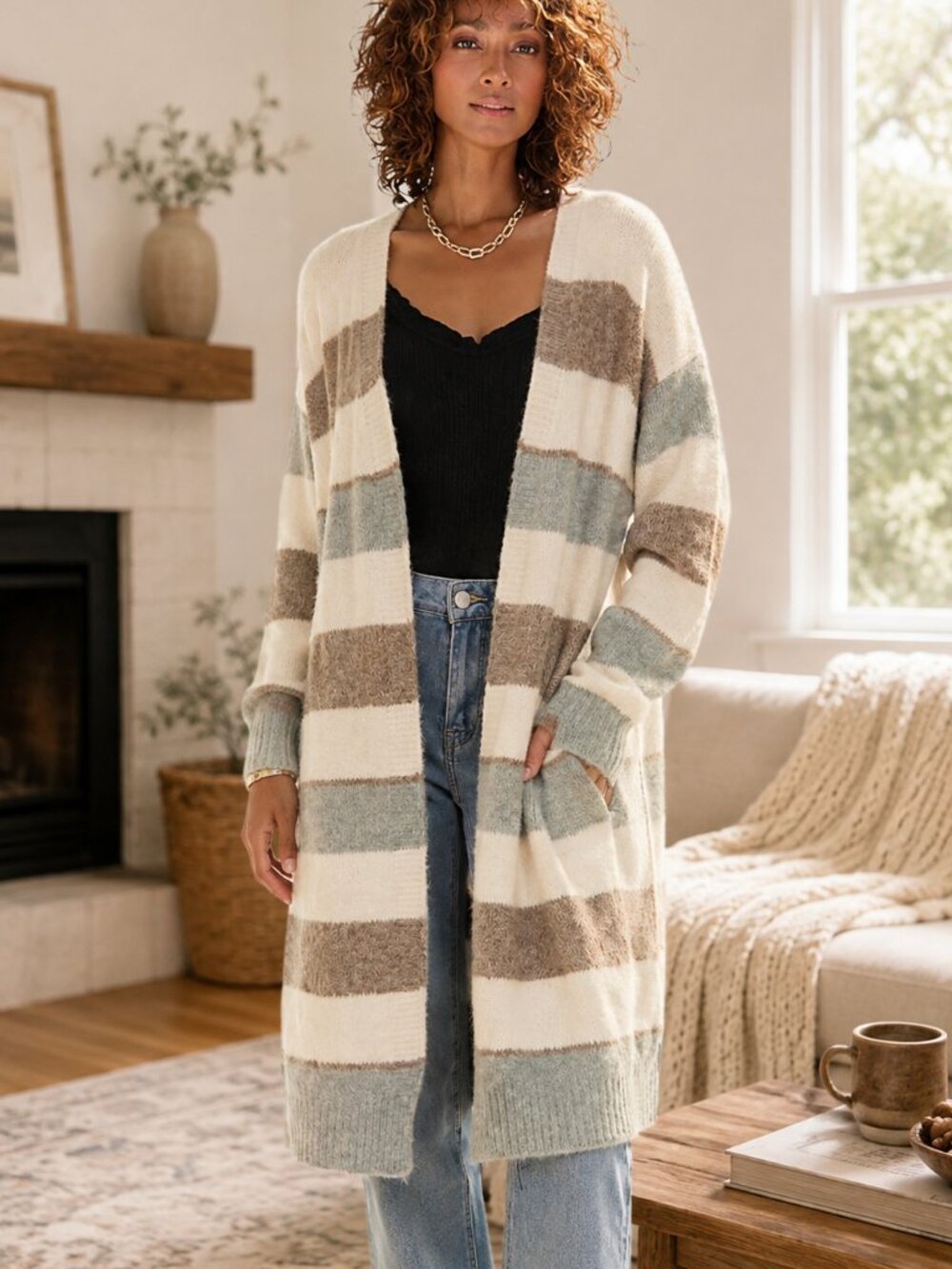 NWT Soft Striped Duster Cardigan Longline Open Front Cozy Stretch Wrap Sweater